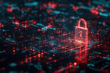 Obraz premium A digital padlock symbolizes cybersecurity in a backdrop of streaming binary data and digital information.