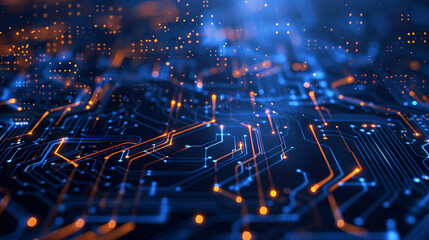 Electronic circuit board close-up computer chip, blue cyber circuit future technology concept background
