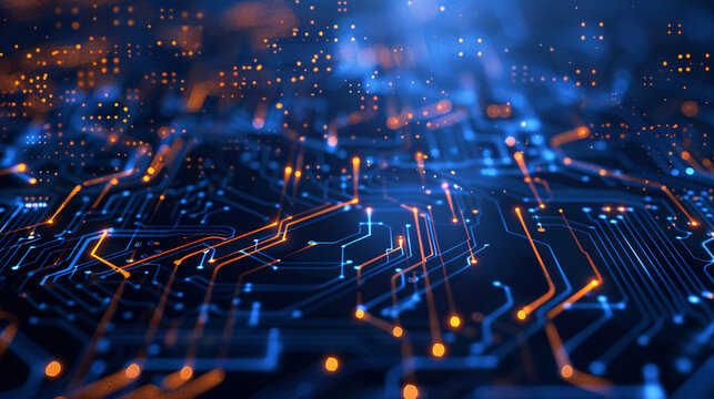 Electronic circuit board close-up computer chip, blue cyber circuit future technology concept background