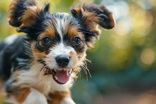 A high-definition image showcasing a playful puppy dog, its vibrant energy and endearing features captured with stunning realism, invoking a heartwarming connection.