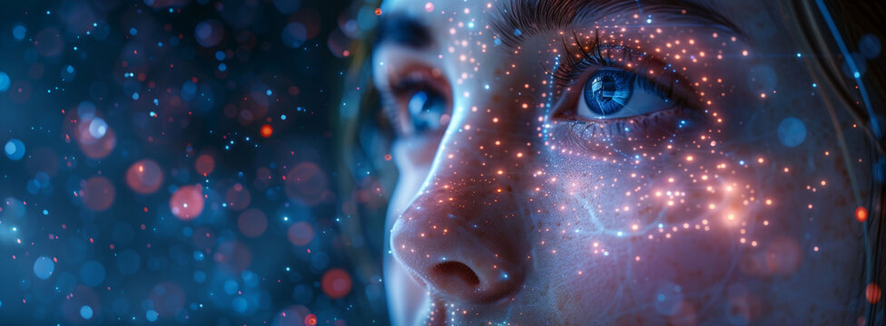 Woman's Face Illuminated by Glittering Particles : Luminous Contemplation
