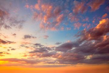 Amazing real sky - Vibrant  colors Panoramic Sunrise Sundown Sanset Sky with colorful clouds. Without any birds.  Natural Cloudscape - obrazy, fototapety, plakaty