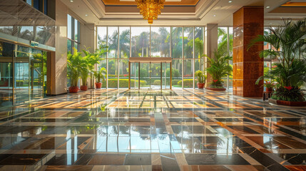 Modern luxury hotel lobby with shiny reflective marble floor, palm trees and big windows show casing the clam and relaxation for tourist - obrazy, fototapety, plakaty