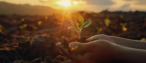 A Hands cradle a young plant in soil against a sunrise