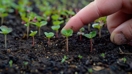 A human finger points to a progression of plant seedlings growing in fertile soil
