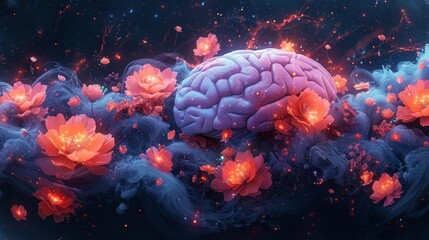 A brain with bright neoncolored flowers bursting out of it depicting the electric and vibrant nature of metaphysical exploration. - obrazy, fototapety, plakaty