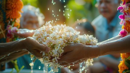 Family are watering on the elderly or respected grandparents Hand of young pour water and flowers on the Elder hands holding jasmine garland for the songkran festival.