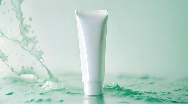 A blank tube of cream stands amid a splash of water, emphasizing the product's hydrating qualities and freshness