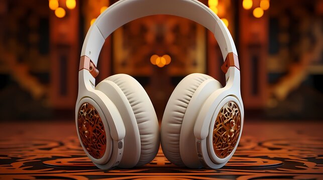 A pristine white headphone mockup against a rich brown background, capturing the intricate details of its design and texture in high definition.