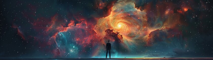 Fototapeta na wymiar A lone figure stands before a portal showcasing a vibrant cosmic galaxy