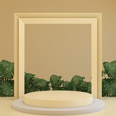 3d background products display yellow pedestal with abstract minimal scene, geometric shape vector 3d rendering with podium. tropical plant background, showcase on pedestal display