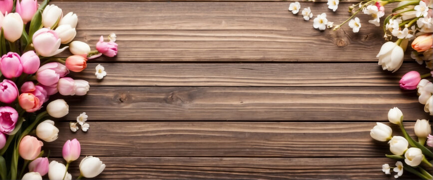 Spring background with empty wooden table. Spring product display banner.