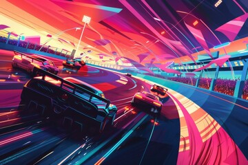 A dynamic wallpaper illustration showcasing an 80s-inspired race track, with sleek racing cars speeding around corners, cheering crowds, and colorful banners fluttering in the breeze, Generative AI