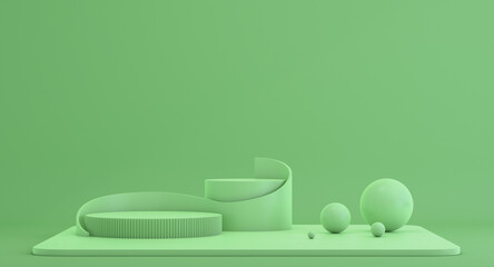 3D background with green geometric shape product display and greens empty wall, sphere shape decoration, abstract stage and podium platform, cylinder showcase for advertising display, 3d rendering