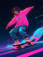 skateboard freestyler illustration in colorful neon style