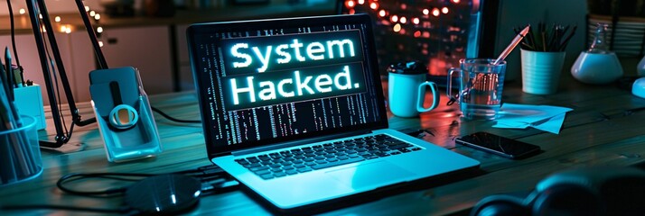 System hacked warning alert on a notebook, illustrating the urgency of cyber security in the face of attacks like viruses, spyware, and malware - obrazy, fototapety, plakaty