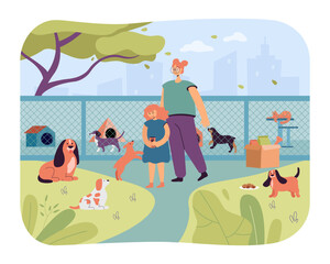Little girl with mon choosing dog in animal shelter vector illustration. Dog finding new owner and home. Stray dog rescue concept - obrazy, fototapety, plakaty