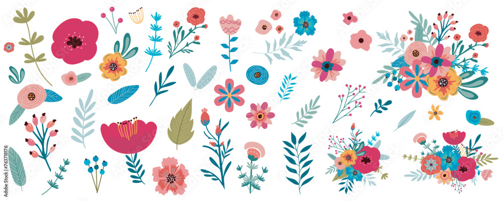 Poster flowers mega set in flat graphic design. bundle elements of abstract different blooming wildflowers 