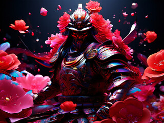 Abstract illustration of a samurai warrior among vibrant flowers.