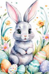 Cute Happy Easter card with bunny, eggs and flowers elements cartoon character in pastel colors.
