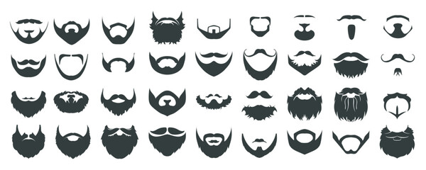 Beards and mustaches mega set in flat graphic design. Bundle elements of male facial hairstyles black silhouettes for barbershop models and hipster portraits. Vector illustration isolated objects
