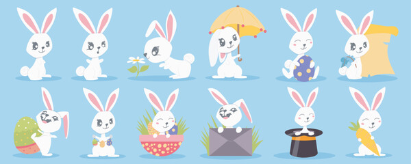 Easter bunny mega set in flat graphic design. Bundle elements of cute white rabbits with umbrella, flower, letters, carrot, traditional decoration eggs and basket. Vector illustration isolated objects