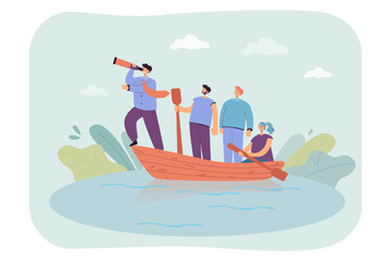 Leader with spyglass showing direction to team. Vector illustration. People sailing in boat. Leadership, leader infuence concept