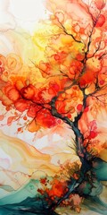 Autumn yellow tree, landscape, art paint, liquid multicolored effect. background image for mobile phone, ios, Android, banner for instagram stories, vertical wallpaper.