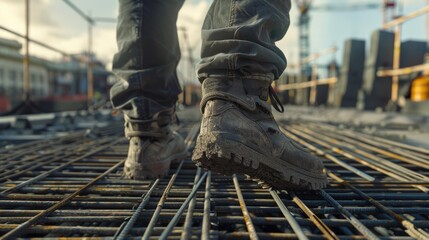Close up of worker walking on metal platform at construction site.