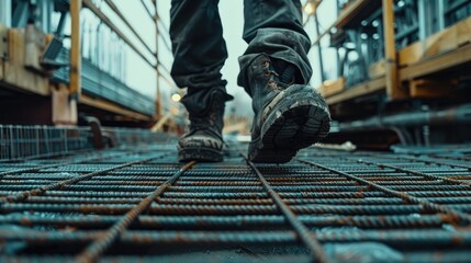 Close up of worker walking on metal platform at construction site.