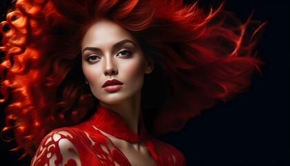Fototapeta premium A woman wearing a bold red outfit with flowing hair and piercing eyes, against a dark background