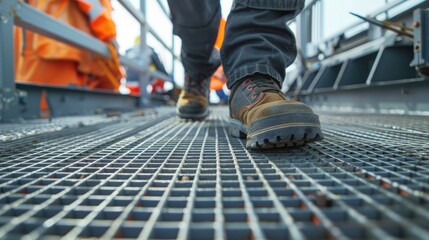 Close up of worker walking on metal platform at construction site. - obrazy, fototapety, plakaty