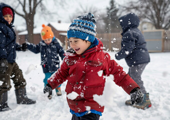 Fototapeta na wymiar Preschool boy playing snow with friends.