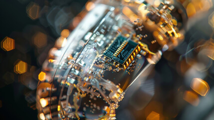 A magnified view of a tiny microcontroller embedded within a piece of jewelry symbolizing the convergence of fashion and digital technology in wearables.