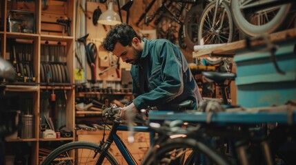 Young man mechanic working in a bicycle shop. - Powered by Adobe