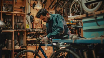 Fotobehang Young man mechanic working in a bicycle shop. © Oulaphone