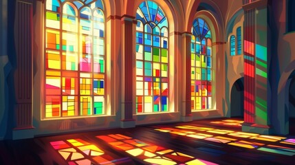 The vivid colors of a stained glass window catch the sunlight streaming in through the tall windows creating a beautiful display of light and shadow in the concert hall.