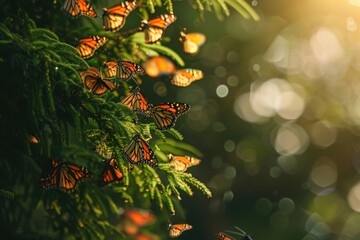 Monarch butterflies clustering on a green tree, bathed in warm sunlight with a bokeh background.