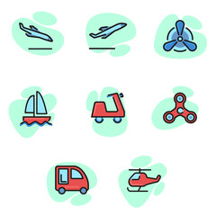 Different modes of transportation line icon set. Car, boat, airplane, golf cart, mini van, helicopter. Can be used for topics like service, transportation, travel.