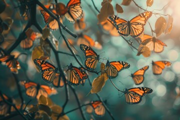 Monarch butterflies clustering on a green tree, bathed in warm sunlight with a bokeh background.