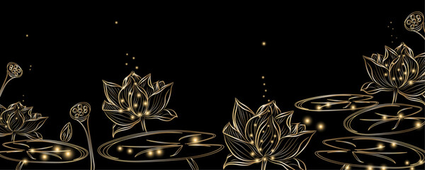 Golden botany. Japanese luxury gold banner . Gold lotus line Japanese style Hand drawn vector . Line art style design. Concept traditional Asian holiday card.
