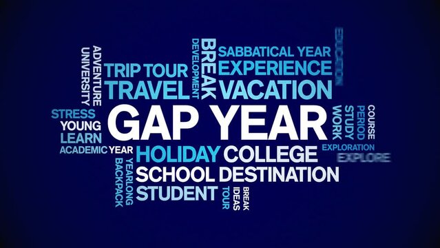 Gap Year animated word cloud;text design animation tag kinetic typography seamless loop.