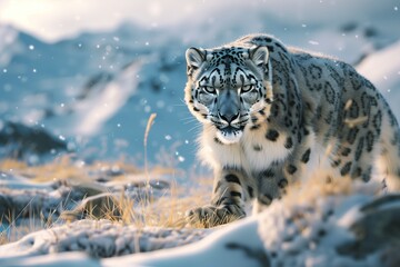 An HD photograph capturing the elusive beauty of a majestic snow leopard in its natural habitat, its spotted fur blending seamlessly with the pristine, snowy surroundings.  - obrazy, fototapety, plakaty