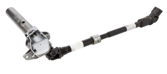 The spare part of the car is a metal steering propeller shaft with hinges on a white background with inscriptions designating the model. Repair of equipment at the auto-parsing in the workshop.