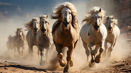 Horses with long mane portrait run gallop in desert dust - obrazy, fototapety, plakaty