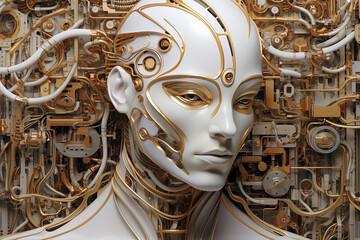 Sci-fi, technology concept. Advanced artificial intelligence female robot close-up portrait. Modern futuristic robot human assistant. Abstract futuristic humanoid robot portrait