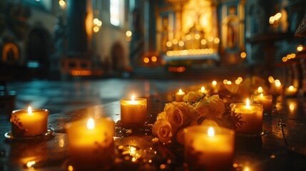 Fototapeta premium Candlelit cathedral interior evoking reverence and spiritual devotion.