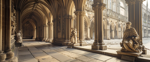 panoramic photo of the statues in polished stone arches - obrazy, fototapety, plakaty