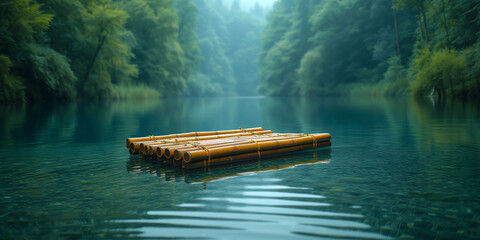 Peaceful bamboo raft floating on a crystal clear river - obrazy, fototapety, plakaty