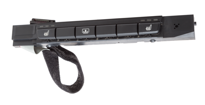 Heated seats buttons with wire and connector on white isolated backgrround. Seat heating buttons control panel of luxury car close-up view photo